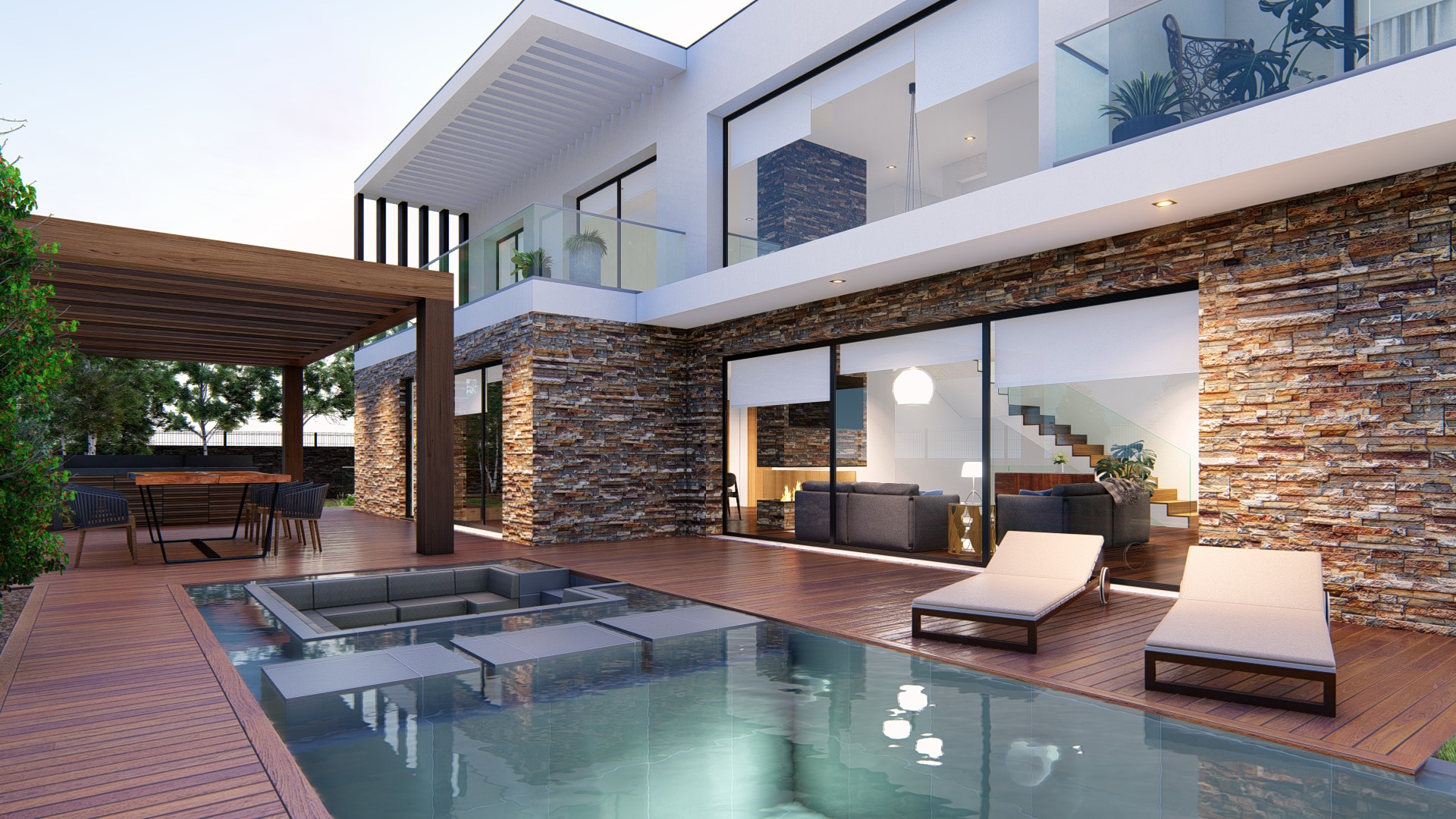 Casa Carnaxide — Detalhe arquitetónico da fachada com pedra natural